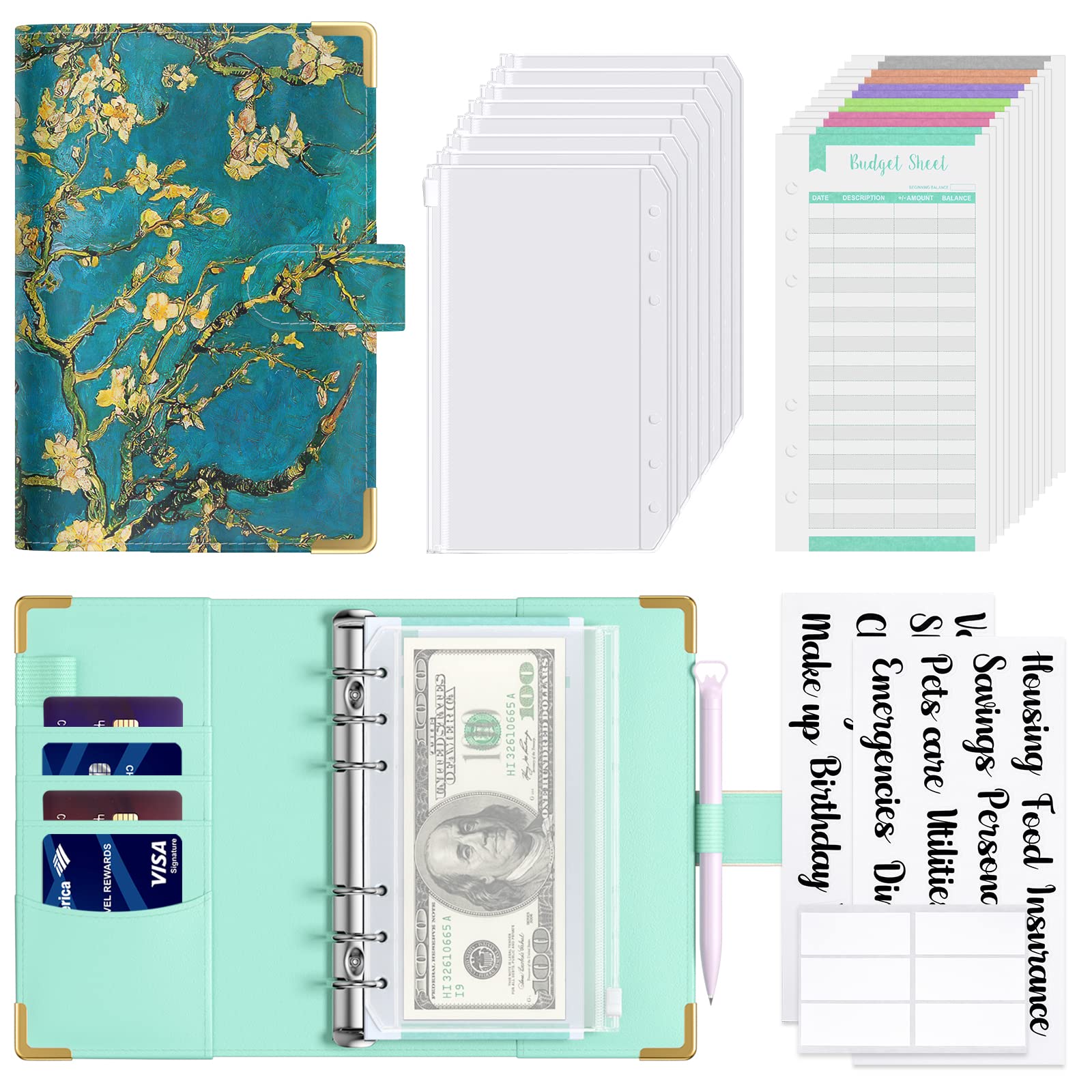 Hnogri Budget Binder with Zipper Envelopes, A6 Money Saving Binder Cash Envelopes for Budgeting, PU Leather Budget Planner Money Organizer for Cash Bills, Floral Budget Wallet for Women, Apricot Tree