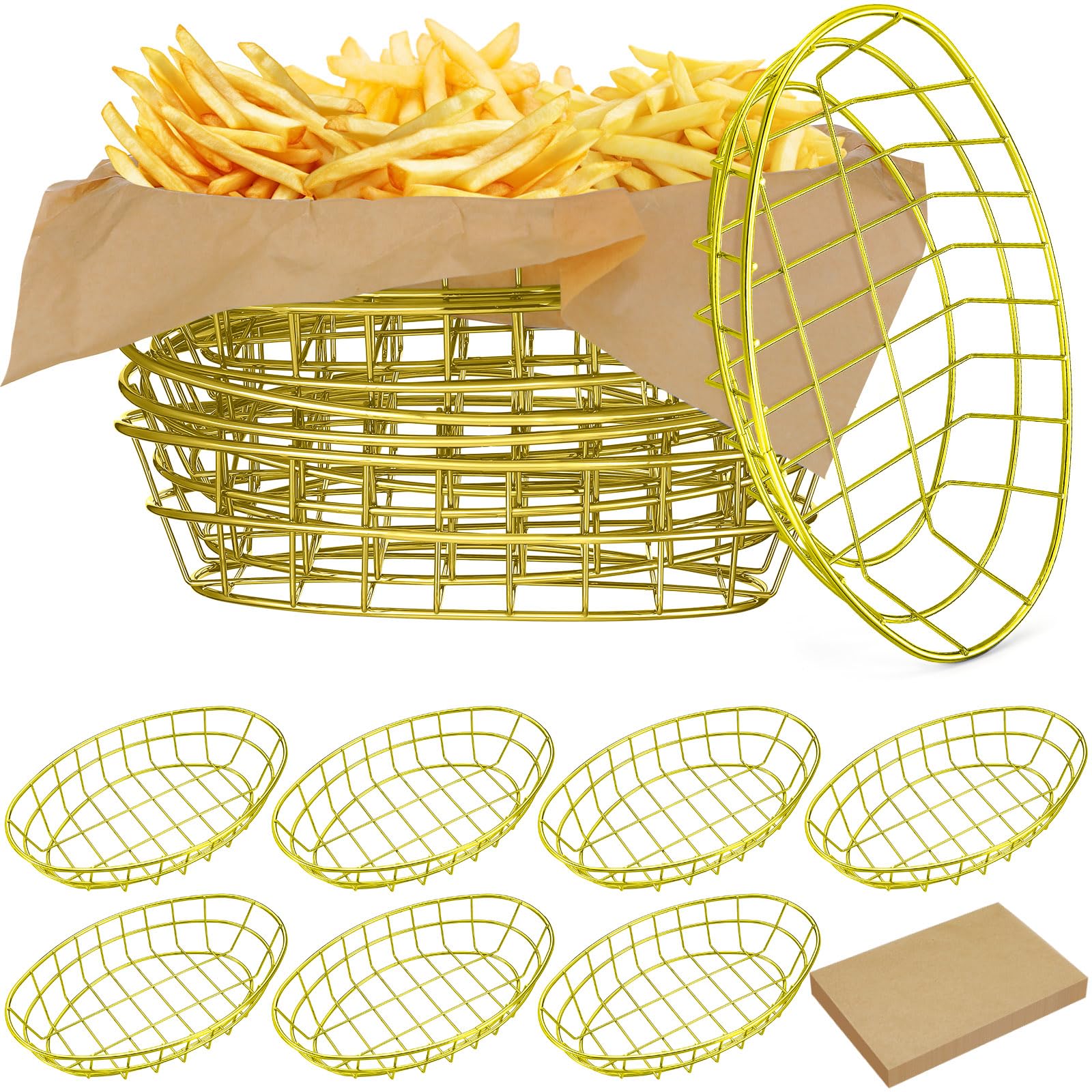 Photo 1 of Hushee 12 Pcs Wire Bread Basket 9.5 x 6.2 x 2.2 Inch Oval Metal Dinner Roll Baskets for Serving Fruit Bowl Storage with 50 Sheets Deli Wrappers Paper for Kitchen Table Fast Food(Gold,9.5 x 6.2 x 2.2)