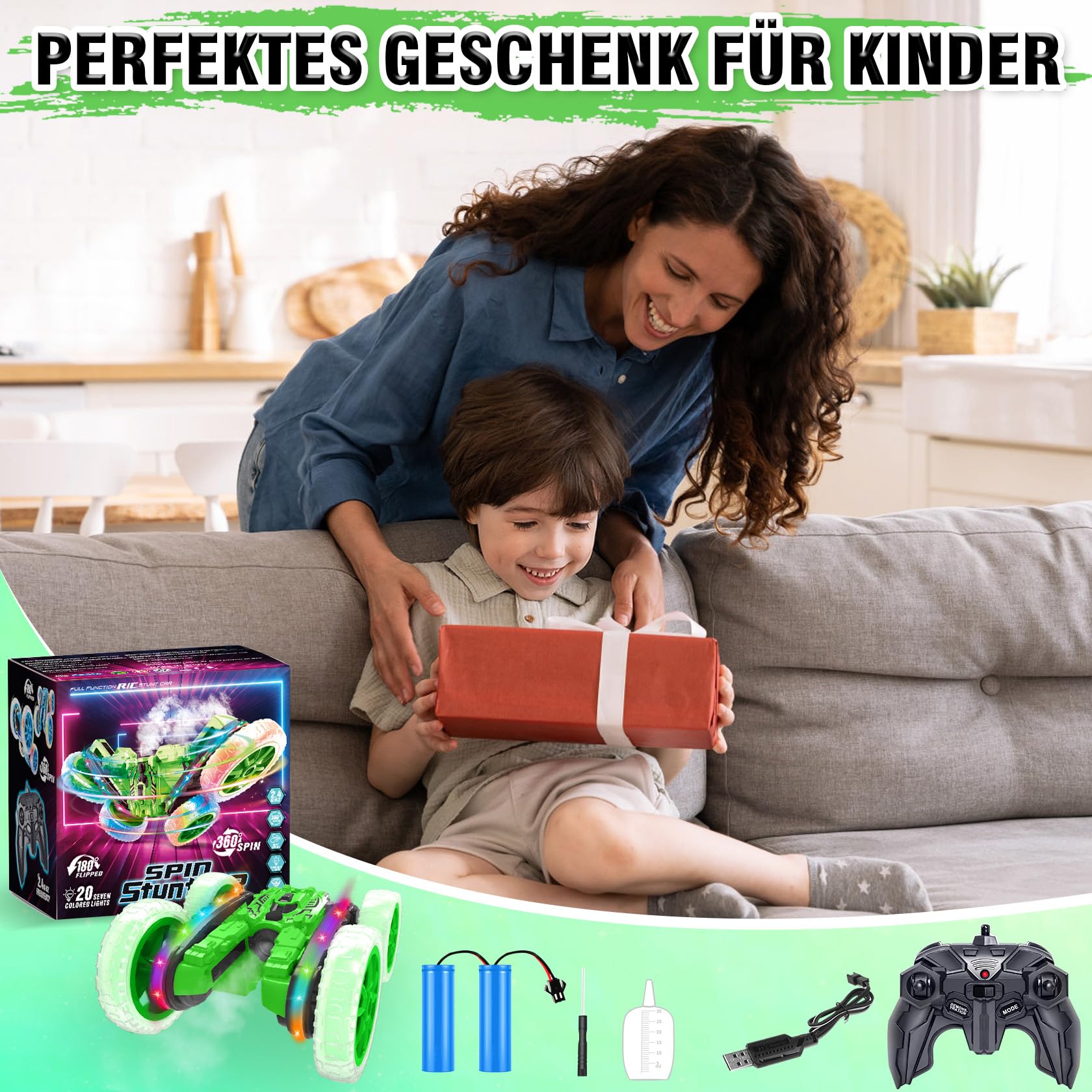 MidiVix Ferngesteuertes Auto, 360°rotierende 4WD RC Autos mit Seitenlichtern und Scheinwerfern, 2.4Ghz Doppelseitig RC Stunt Car mit Spray, RC Drift Spielzeugauto und Geschenke für Kinder (Grün) 6