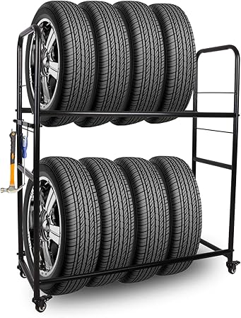Amazon Rosefray スチール タイヤラック 3段階調節 2段式 タイヤスタンド カー用品 車 幅110 奥行40 高さ118 Cm 耐荷重 300kg 乗用車 Rv車 ワゴン車のタイヤに対応 ブラック 屋内 L 車 バイク 車 バイク