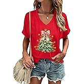 Christmas Shirts for Women Xmas Tree Graphic V Neck Tshirt Merry and Bright Festive Gift Tee Tops