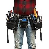 RM 12 Pocket Black Leather Tool Belt with 2 Hammer Holders, Genuine Top Grain Heavy Duty Belt, Carpenter Work Apron, Construc