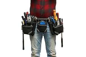 RM 12 Pocket Black Leather Tool Belt with 2 Hammer Holders, Genuine Top Grain Heavy Duty Belt, Carpenter Work Apron, Construc