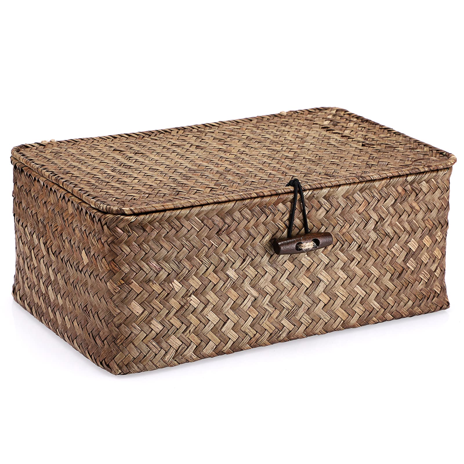 IGNPION Rectangle Woven Seagrass Storage Basket with Lid for Bathroom Shelves and Desks Decorative Multi-Function Storage Basket (Coffee, S)