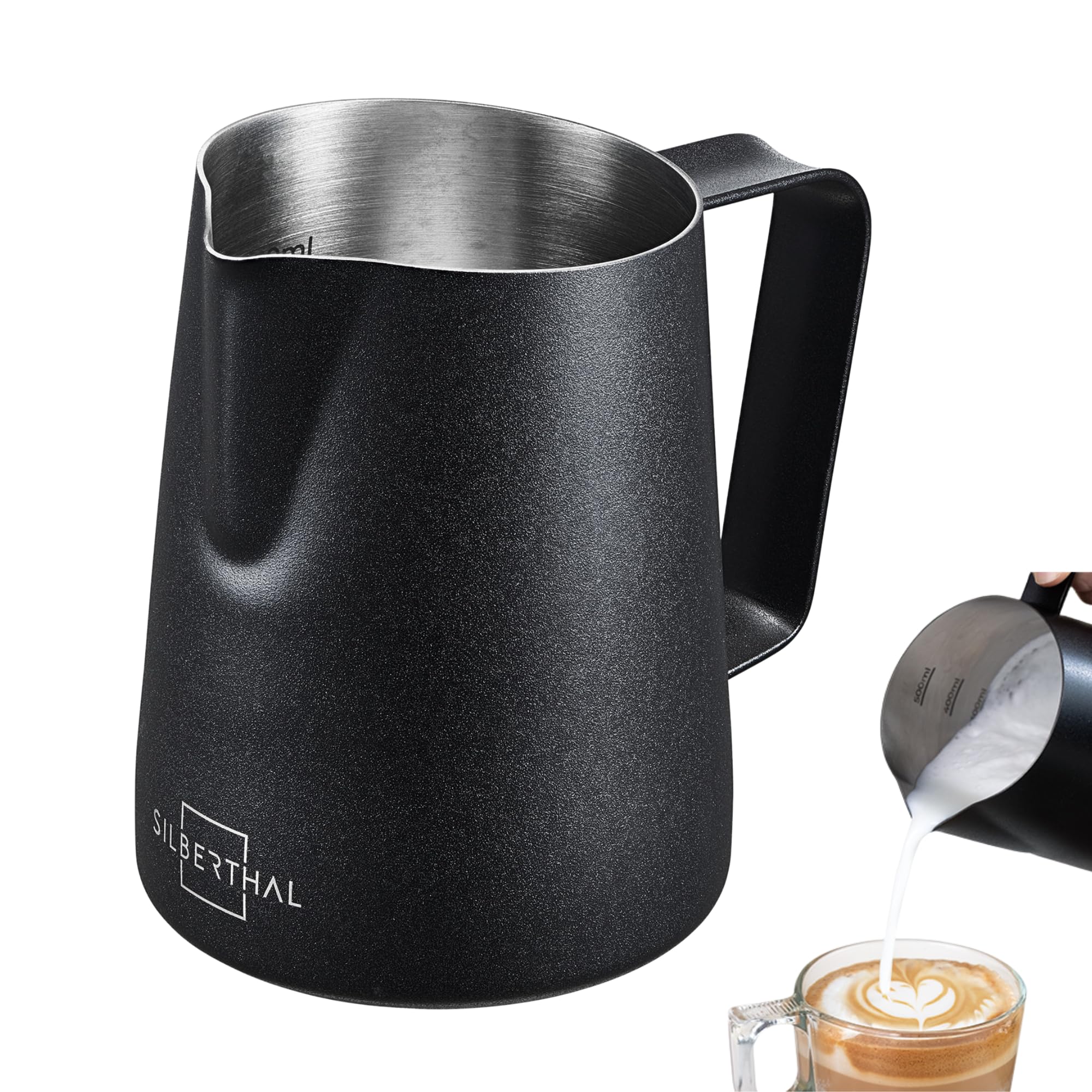 Milk jug stainless steel 350ml black - Professional barista accessory with latte art spout