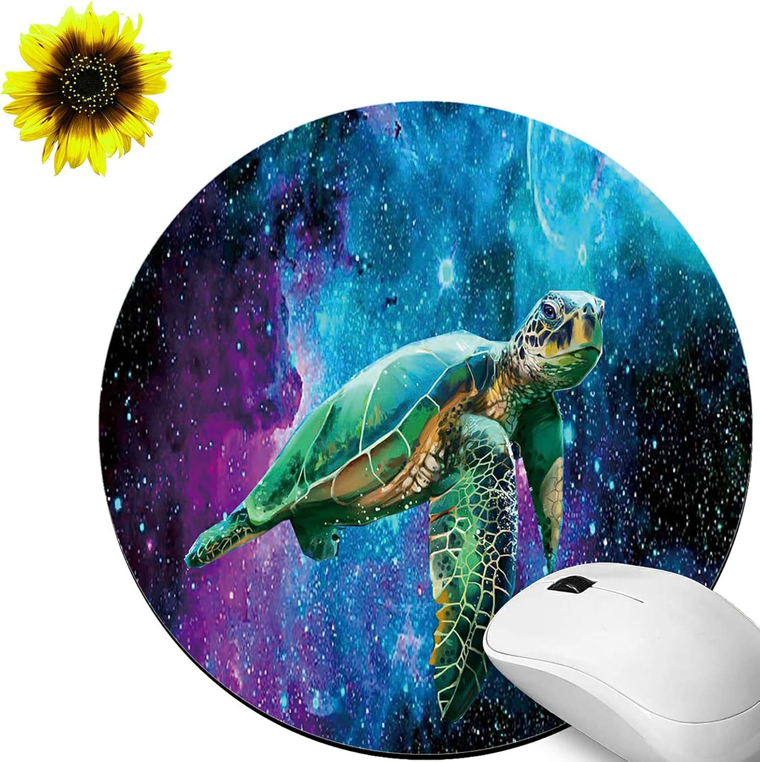 Gaming Mouse Pad Mat with Galaxy Turtle Pattern Mousepad Non-Slip Rubber Base Mouse Pads for Laptop Computers & Office, Round Mousepads Cute and Sunflower Stickers for Women & Men