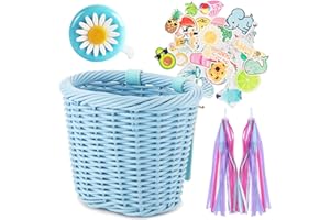 BEVOVBE Kid's Bike Basket for Girls Front Bike Accessories Small Woven Wicker Cruiser Bicycle Basket with Handlebar Streamers Bell Boys16 Bike Girls Cycling Ages 3-13
