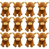 12 Pcs Highland Cow Stuffed Animal Plush Toy Scottish Highland Cow Animal Brown Realistic Cattle Plushie Doll Gifts for Stress Relief Christmas Birthday Forest Grassland Party Favors Decor