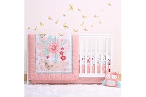 The Peanutshell Aflutter Crib Bedding Set for Baby Girls | 3 Piece Floral Nursery Set | Baby Blanket, Crib Sheet, Crib Skirt 