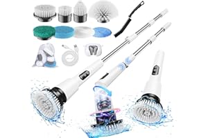 Kimeetol Electric Spin Scrubber, IPX7 Waterproof Cordless Cleaning Brush with 8 Replaceable Brush Heads, Adjustable Extension Handle and 3 Adjustable Speeds for Bathroom, Tub, Tile, Floor (White)