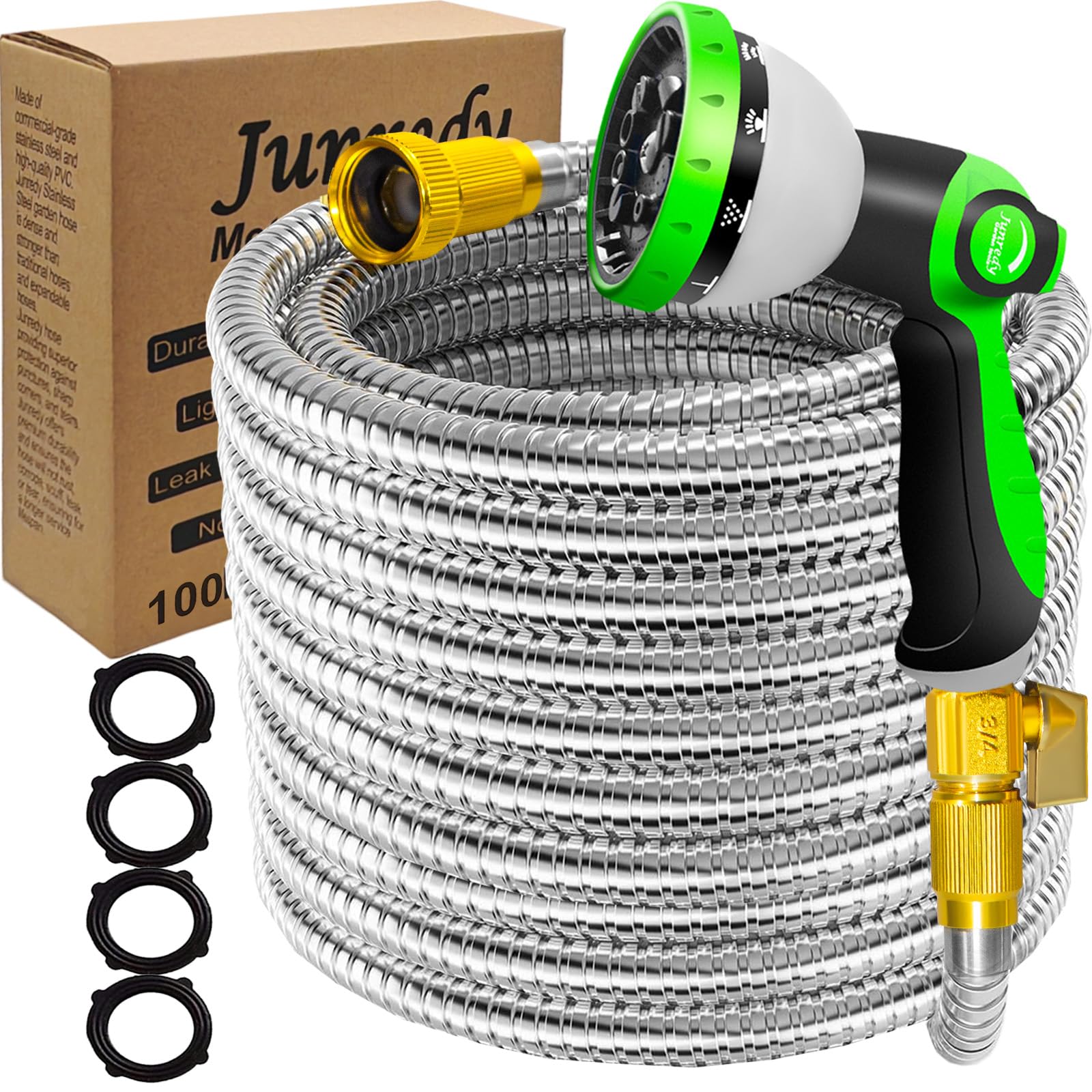 Photo 1 of Junredy 100FT Stainless Steel Garden Hose, Heavy Duty Flexible Metal Water Hose with 10-Function Nozzle, Lightweight & No-Kink Garden Hose, Durable Solid Fittings for Lawn, Car, RV, Outdoor Watering
