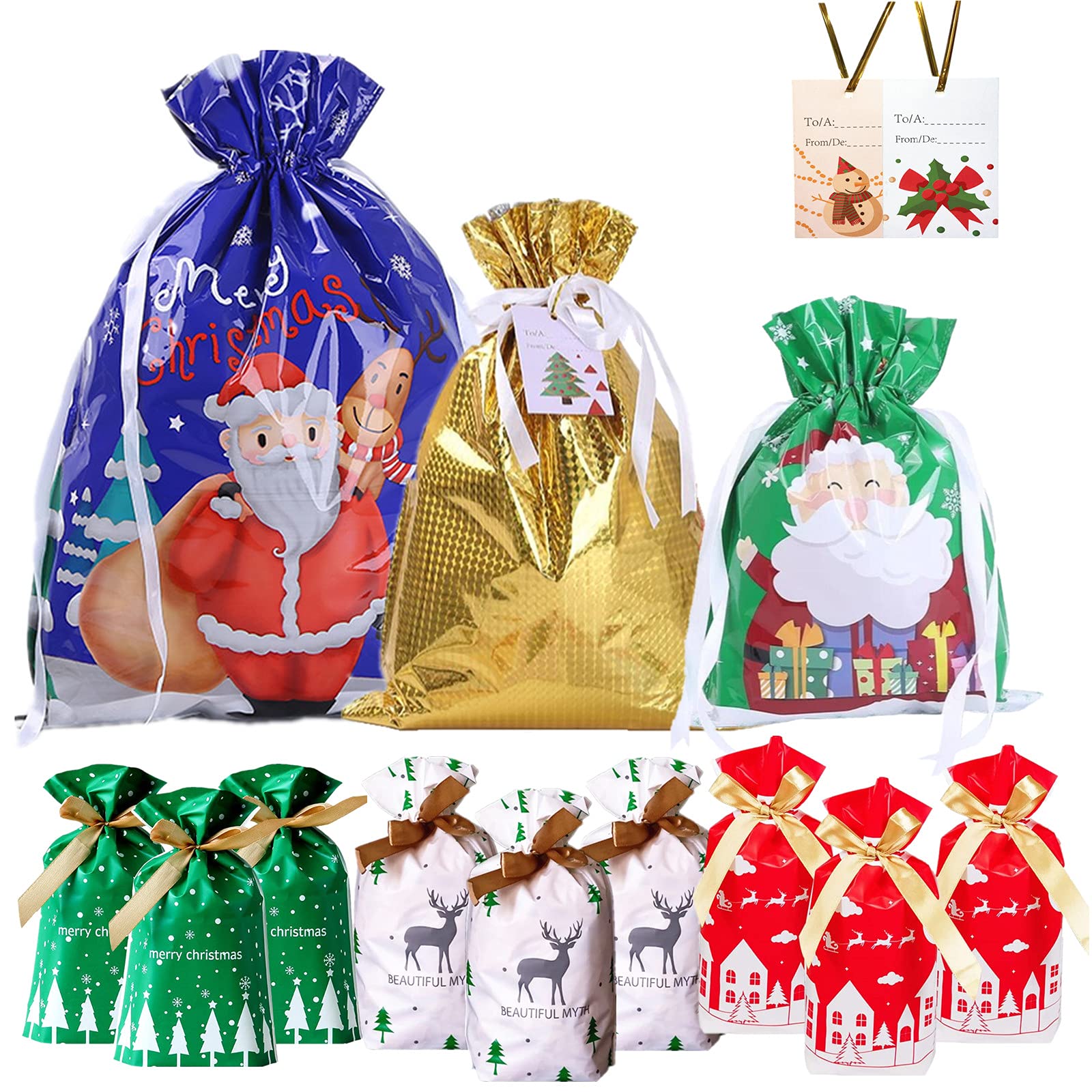 36pcs Christmas Drawstring Gift Bags with 30 Tags, 6 Designs, 4 Sizes - Reusable for Presents & Parties
