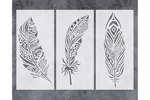 G GSS DESIGNS GSS Designs Feather Wall Stencil (3 Pack) - Large Fancy Mandala Feather Stencil (8x17 Inch) for Painting on Wall Furniture Floor Fabric Stencils - Reusable Stencils Template for Wall Decor (SL-079)