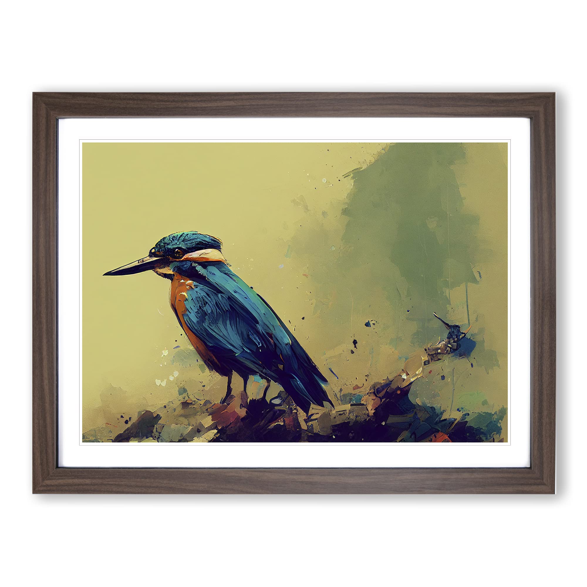 Kingfisher Bird Art Painting Vol.8 Framed Print | A4 Walnut Framed Wall Art | Ready to Hang | Modern Historical Picture | Living Room Bedroom Lounge Office