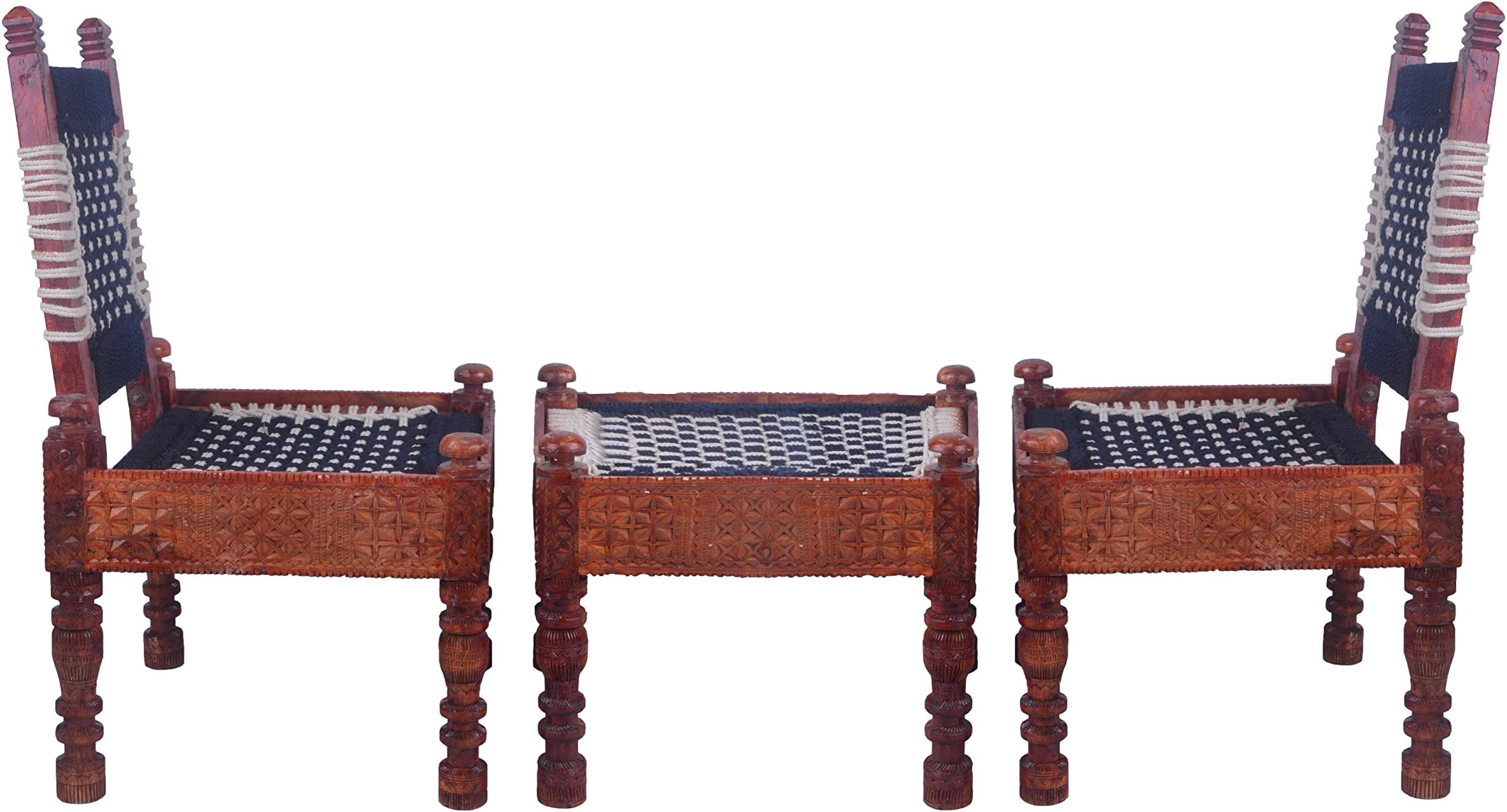 Designer Crafts High Wooden Back Set of 2 Foldable Chair and Khatli/Bajot (Blue/Black)