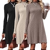 Velvelhall 3 Pack Women's Long Sleeve Sweater Dresses Ribbed Knit Lettuce Trim Mock Turtleneck Short Casual Slim Fit Dresses