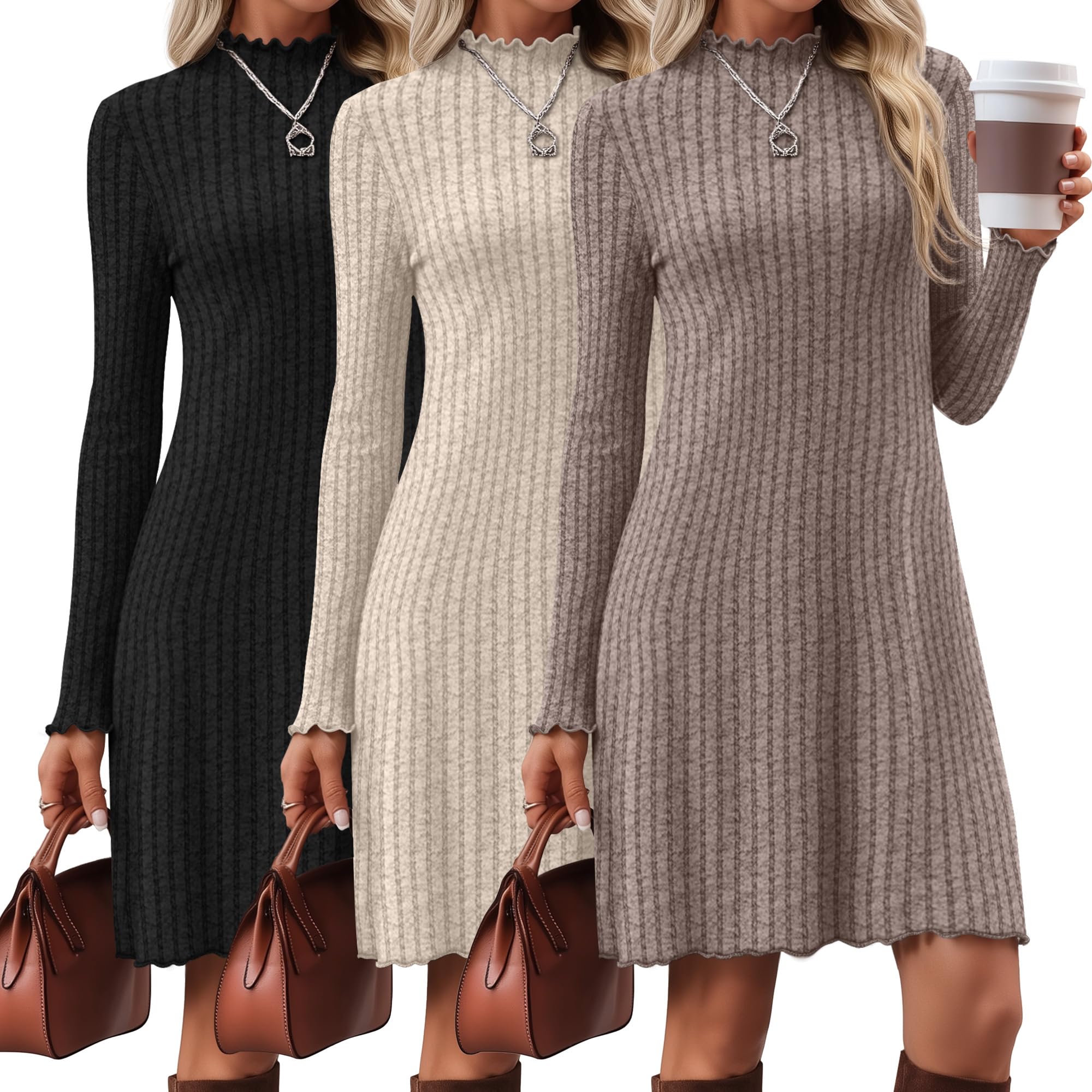 Photo 1 of (xl) Velvelhall 3 Pack Women's Long Sleeve Sweater Dresses Ribbed Knit Lettuce Trim Mock Turtleneck Short Casual Slim Fit Dresses(Coffee, Cream, Black,X-Large)