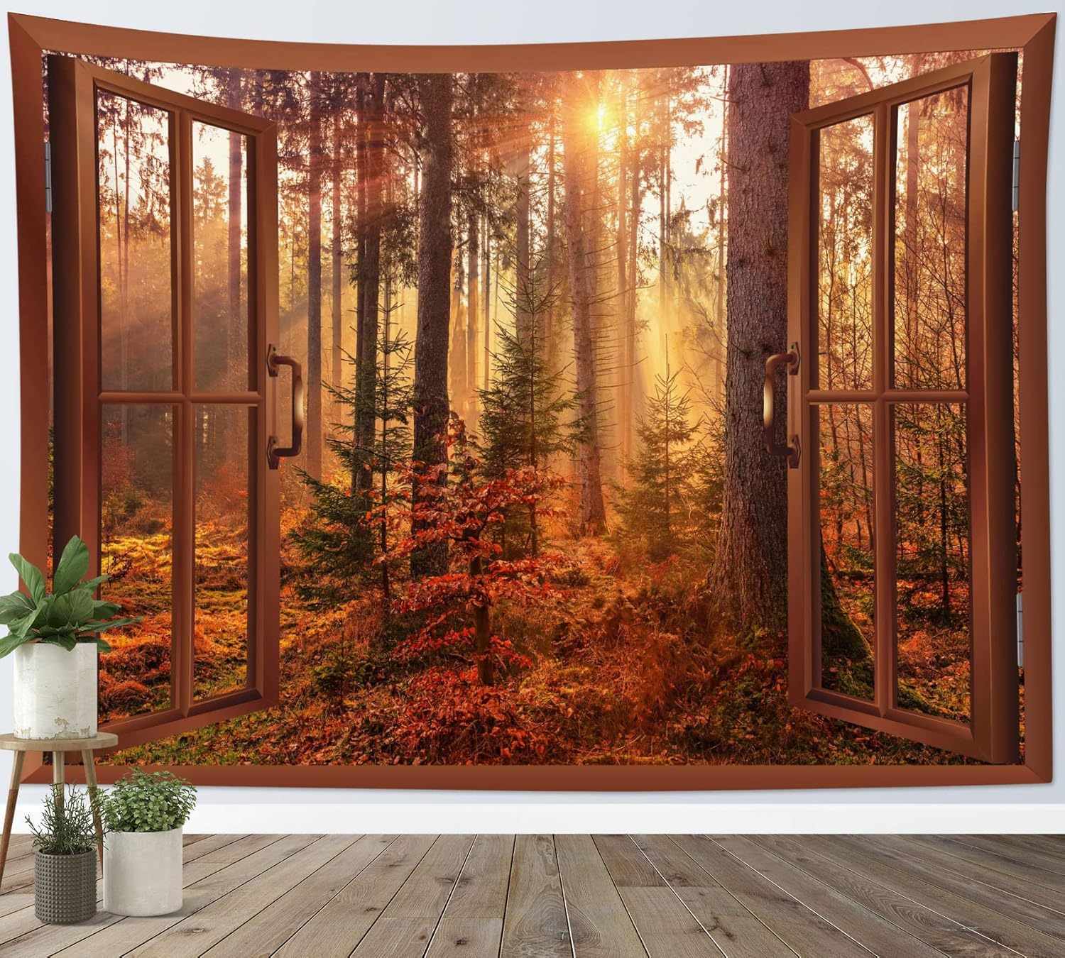 Tapestries - HVEST Fall Tapestry Autumn Maple Tree Forest Scenery outside Window Tapestry for Bedroom, Rustic Thanksgiving Wall Tapestry for Home Living Room Dorm Holiday Wall Decor, 60W X 40H Inches
