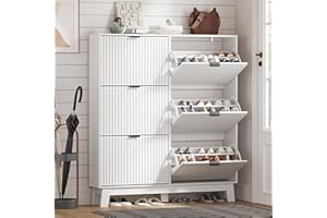 HUANLEGO Shoe Cabinet Storage for Entryway with 6 Flip Drawers, Fluted Narrow Shoe Organizer with Wooden Legs, Freestanding Slim Shoe Storage Hidden Shoe Rack Organizer for Front Door Entrance, White