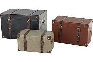 Deco 79 Wooden Decorative Trunk Vintage Studded Woven Storage Decorative Large Boxes with Brown Buckle Straps, Set of 3 Storage Trunks 24", 21", 18"H, Multi Colored