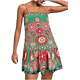 RoseSeek Women's Floral Boho Flowy Mini Cami Dress Ruffle Hem Spaghetti Strap Vacation Tank Dresses