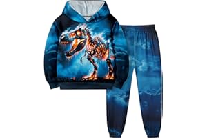 ADIFUN Boys Clothes, T-Rex Print Dinosaur Boy Clothes Fall Winter Outfits Long-sleeved Hooded Sweatshirt Pants 2Pcs Set