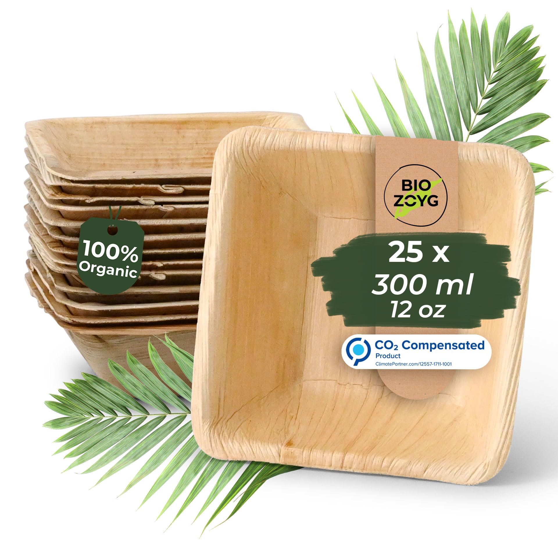 BIOZOYG 25x Palm Leaf Bowl 300 ml 13 cm Square - Disposable Soup Plate, Compostable Salad Bowl Palm Leaf Bowl - Disposable Bowl Sustainable Partyware