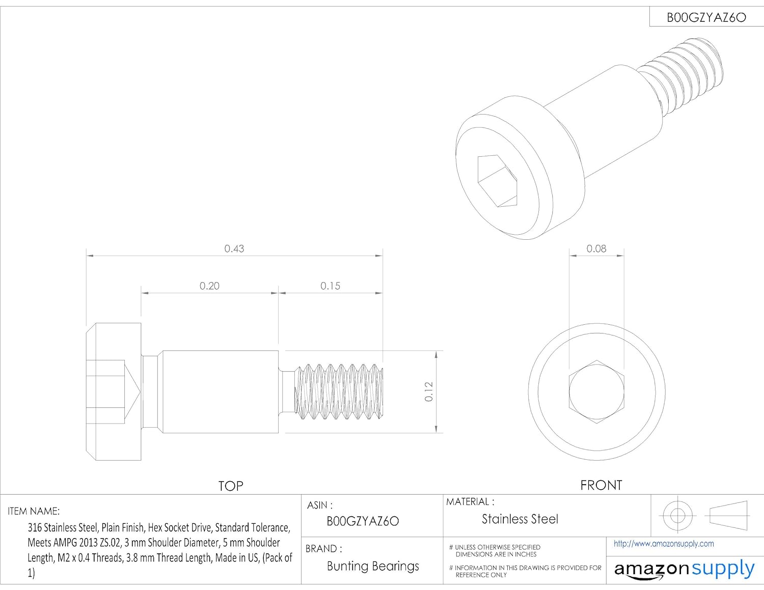 Standard Tolerance 316 Stainless Steel Shoulder Screw 5 mm Shoulder