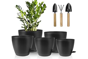 Idealife Plant Pots 7/6.5/6/5.5/5 Inch Self Watering Planters with Drainage Hole, Flower Pots for Modern Decorative Garden Pots with 178 Drainage Hole for Most House Plants, Succulents(Black)