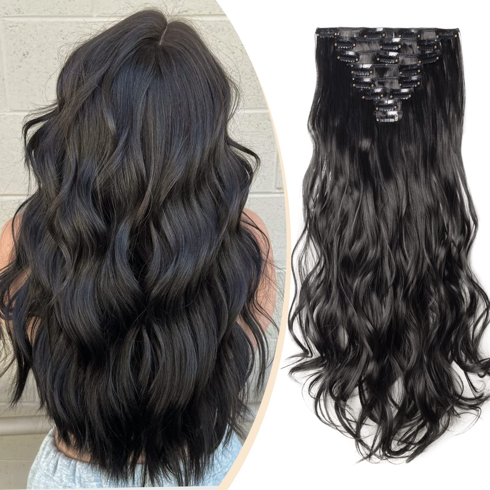 S-noilite 17-26 Inches(43-66cm) 8pcs Long Full Head Clip In Hair Extensions Extension Sexy Lady Fashion Choice 60 Colours (24 Inches-Curly, Dark Black)