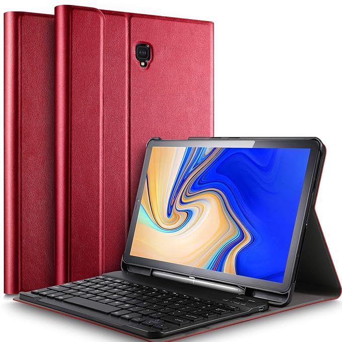 IVSO Tastatur Hülle für Samsung Galaxy Tab S4 T830/T835,[QWERTZ Deutsches], Slim PU Fronthalterung Hülle mit Abnehmbar Tastatur für Samsung Galaxy Tab S4 T830/T835 10.5 Zoll 2018, Rot