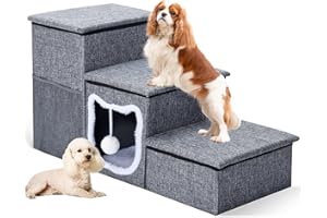BILIBARA Bilibrara Dog Stairs for Small Dogs, Foldable Pet Steps for High Bed, Non-Slip 3-Step Cat Stairs with Storage, Condo and Fluffy Ball, Large Dog Indoor Ramp for Couch Window, Up to 180 Lbs, 16.7'' H