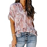 ANCAPELION Women’s Summer Chiffon Blouse Casual Short Sleeve V Neck Shirt Loose Printed Cuffed Sleeve Tunic Tops for Women
