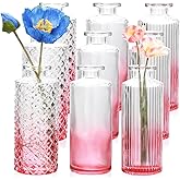Brajttt Glass Bud Vase Set in Bulk, 9pcs Mini Vintage Flower Vases for Wedding,Pink Relief Vase for Centerpieces,Home Table Flower Decor, Party Decorations