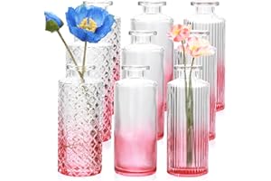 Brajttt Glass Bud Vase Set in Bulk, 9pcs Mini Vintage Flower Vases for Wedding,Pink Relief Vase for Centerpieces,Home Table Flower Decor, Party Decorations