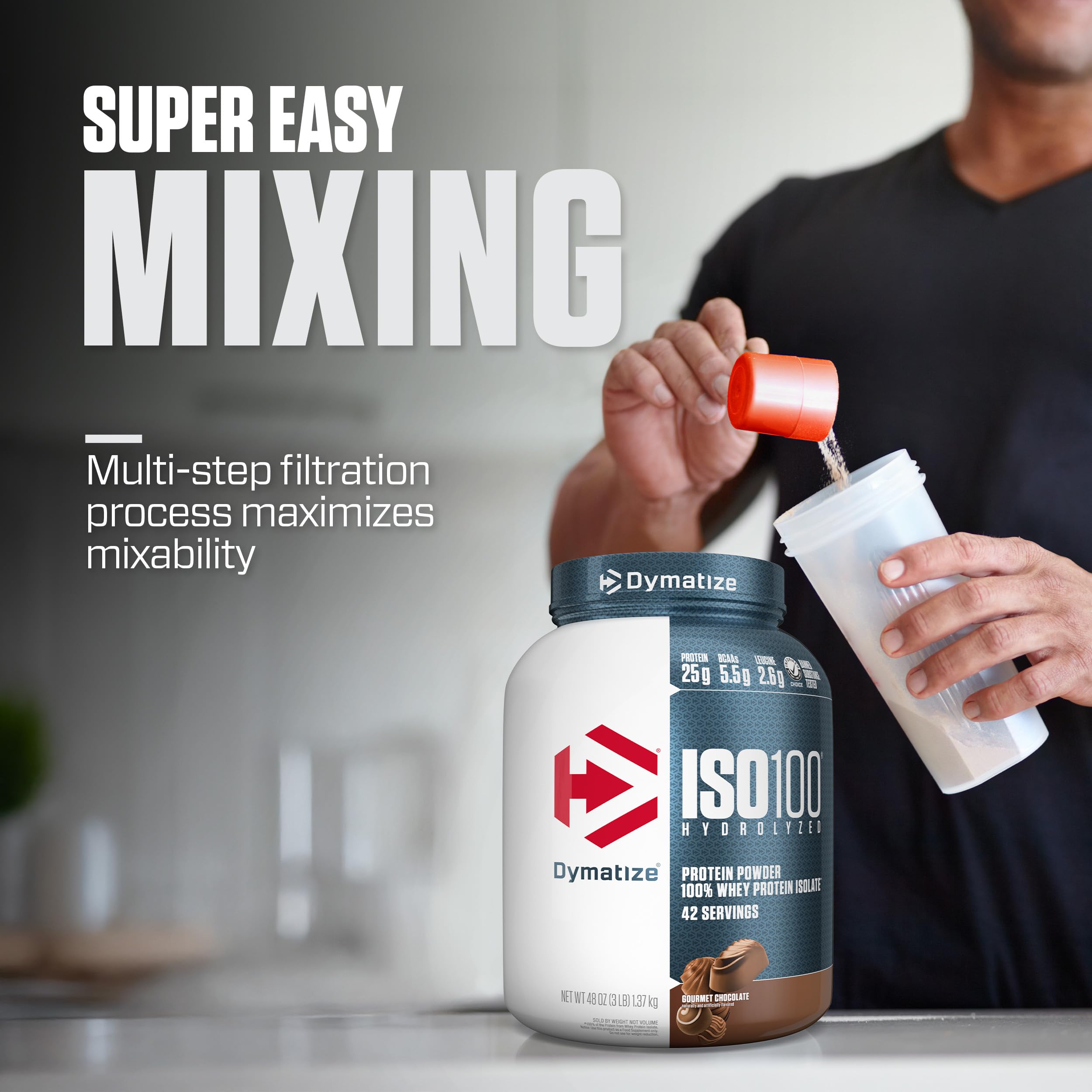 Dymatize ISO100 Hydrolyzed Protein Powder, 100% Whey Isolate Protein, 25g of Protein, 5.5g BCAAs, Gluten Free, Fast Absorbing, Easy Digesting, Gourmet Chocolate, 3 Pound (42 Servings)