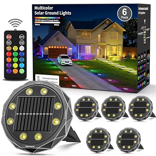 Solar Ground Lights with Remote Control 50ft,IP67 Waterproof Solar Garden 15 Multi Color Lights,RGBYW Solar Powered Outdoor Landscape Lighting for Pathway,Yard,Deck,Lawn,Patio,Walkway,Poolside,6 Pack