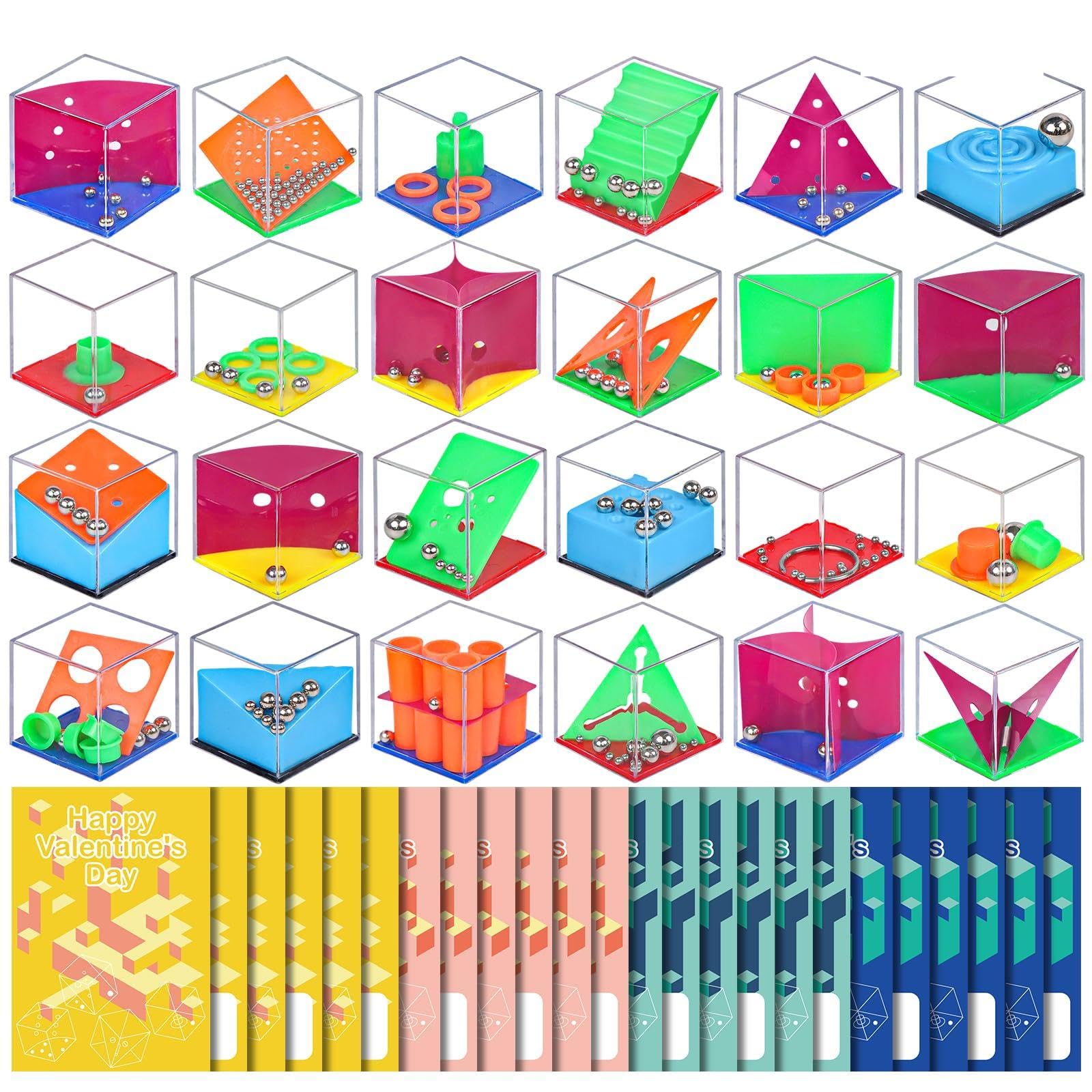 Photo 1 of 24 Pcs Valentine’s Day Gift Party Favors Mini Maze Puzzle Cubes Set Cards Handheld 3D Brain Teaser Balance Fidget Games School Exchanges Classroom Prizes Goodie Bags Stuffers for Kids Teens Adults