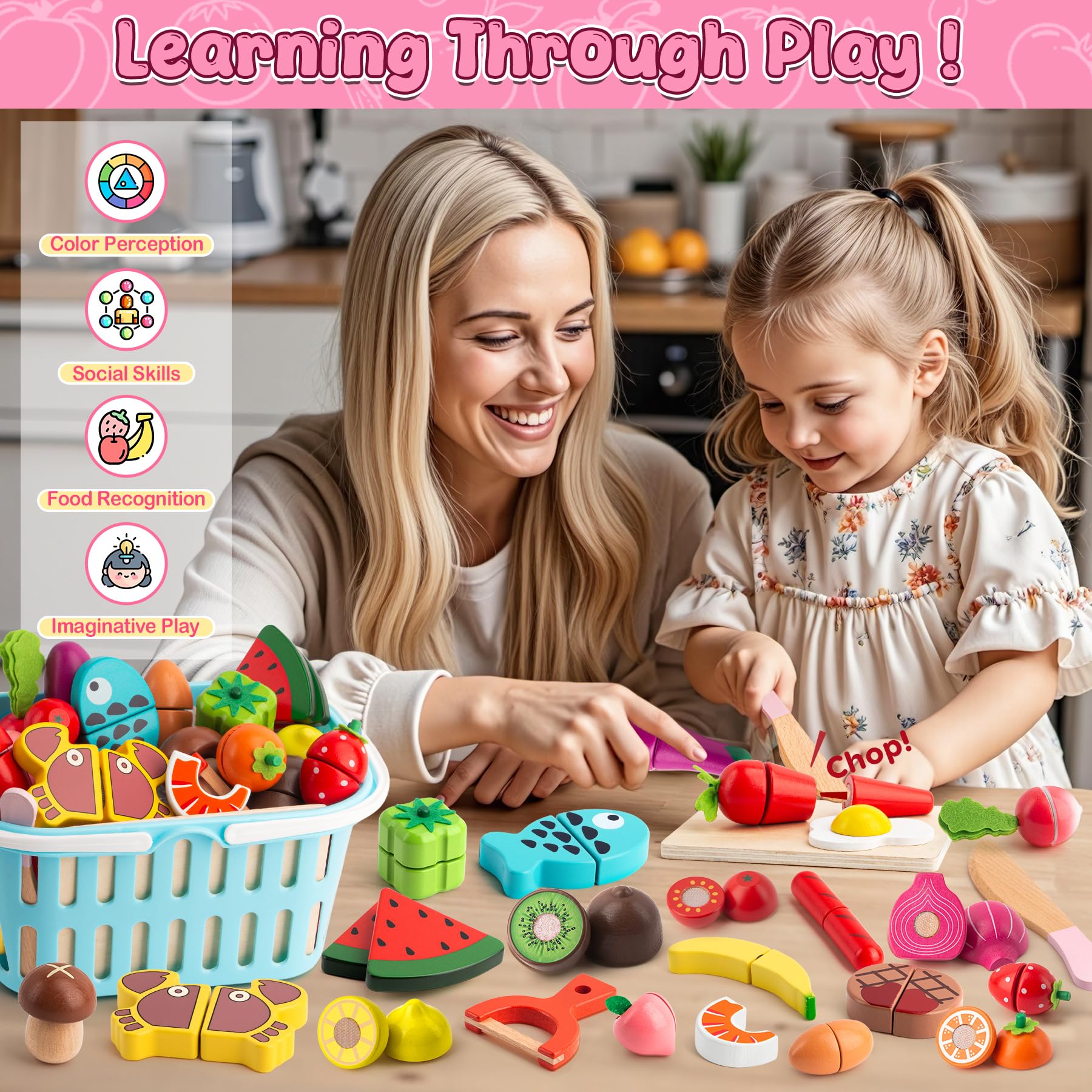 BunnyJOY Kinderküche Zubehor Holz, Spielküche Zubehor, Kaufladen Zubehör, Küchenspielzeug Holz, Küchenzubehor Kinder, Lebensmittel Spielzeug, Schneideset Obst Gemuese, 26 Stück 2