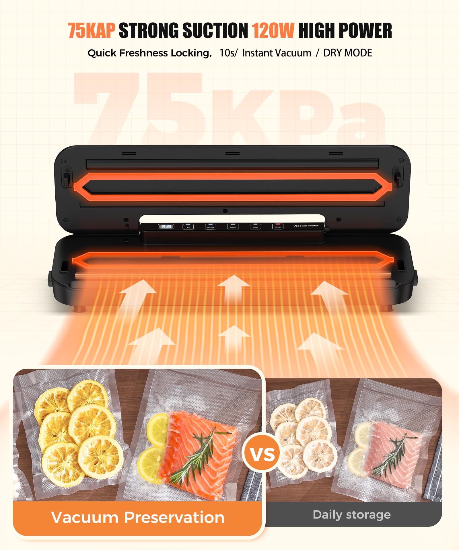 75kPa Compact Vacuum Sealer Machine For Food, 6-in-1 Sous Vide Vacuum Sealing Machine with Starter Kits, External Sliding Blade, Digital Countdown Timer, Silver