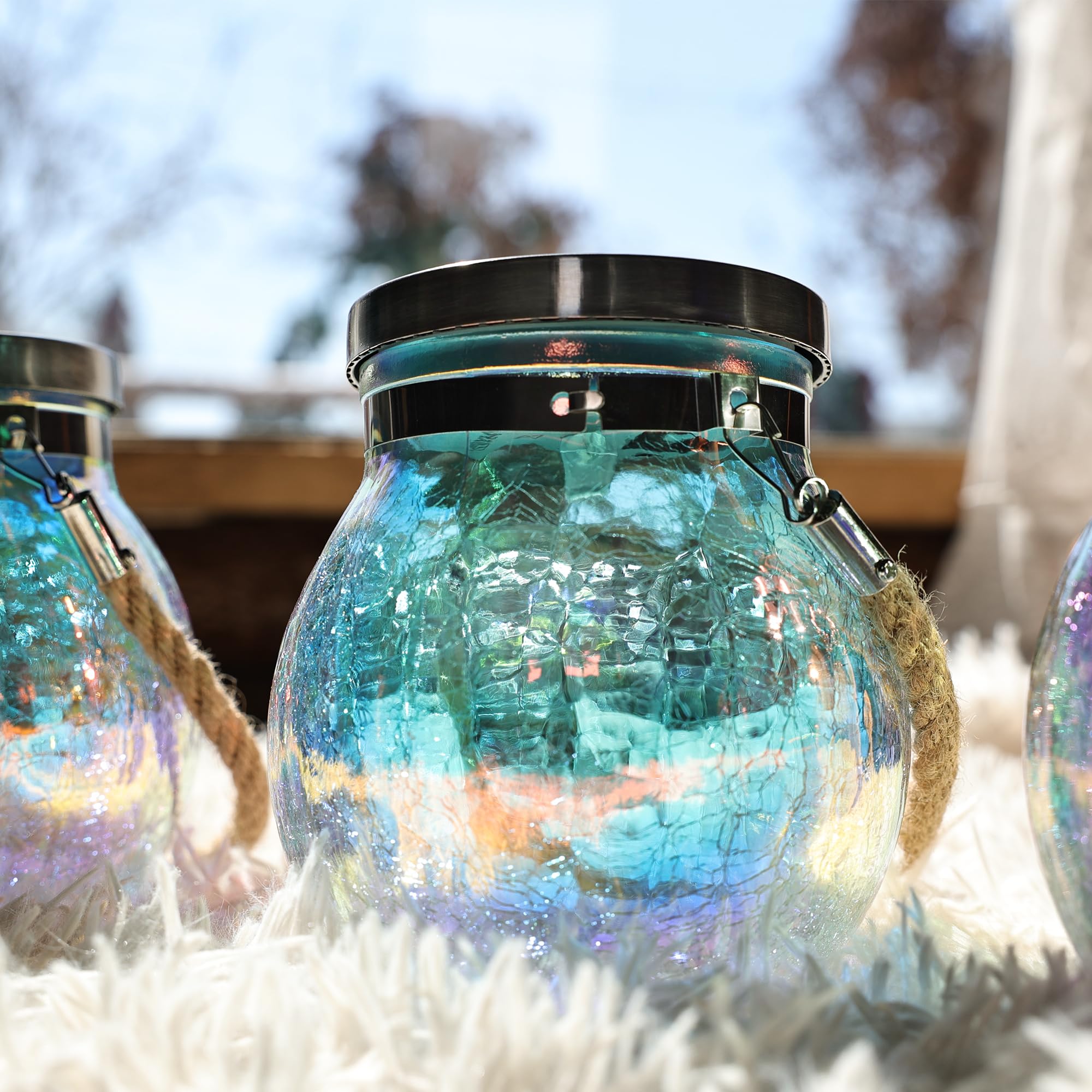 Photo 1 of Cooo 2 Pack Solar Lantern Outdoor Waterproof Iridescent Crackle Glass with 215% Larger Solar Panel, Stainless Steel Lid – Rainbow Glass Hanging Light with Cool White LED for Garden Patio Table