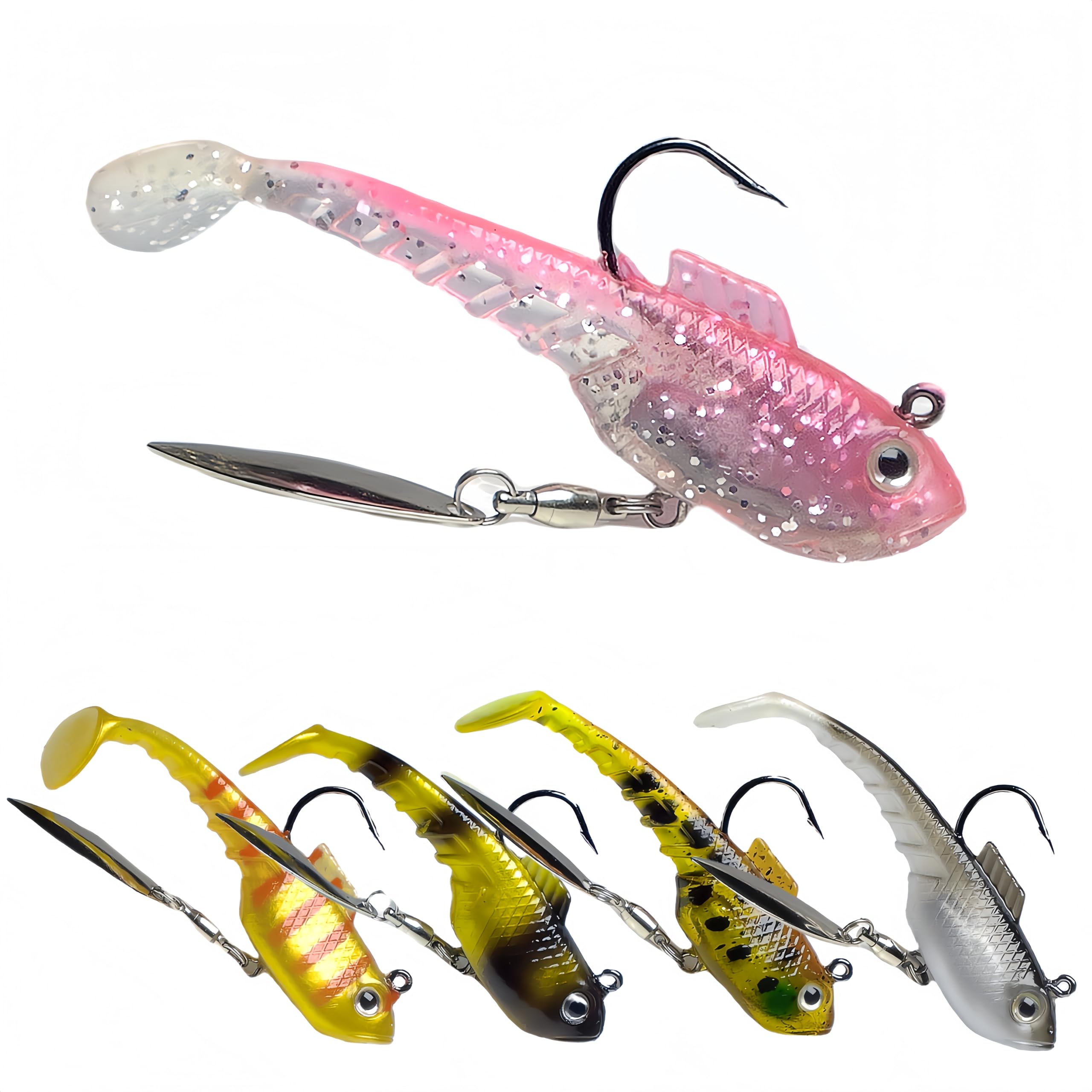 RuiJiaXiang 11g 6cm 5pcs Fishing lures Soft Bait Set Pre-Rigged Jig Heads Fishing Spoon Sea Fishing Lures Plastic Artificial Swimbaits Fishing Tackle for Saltwater and Freshwater(5 color-A)