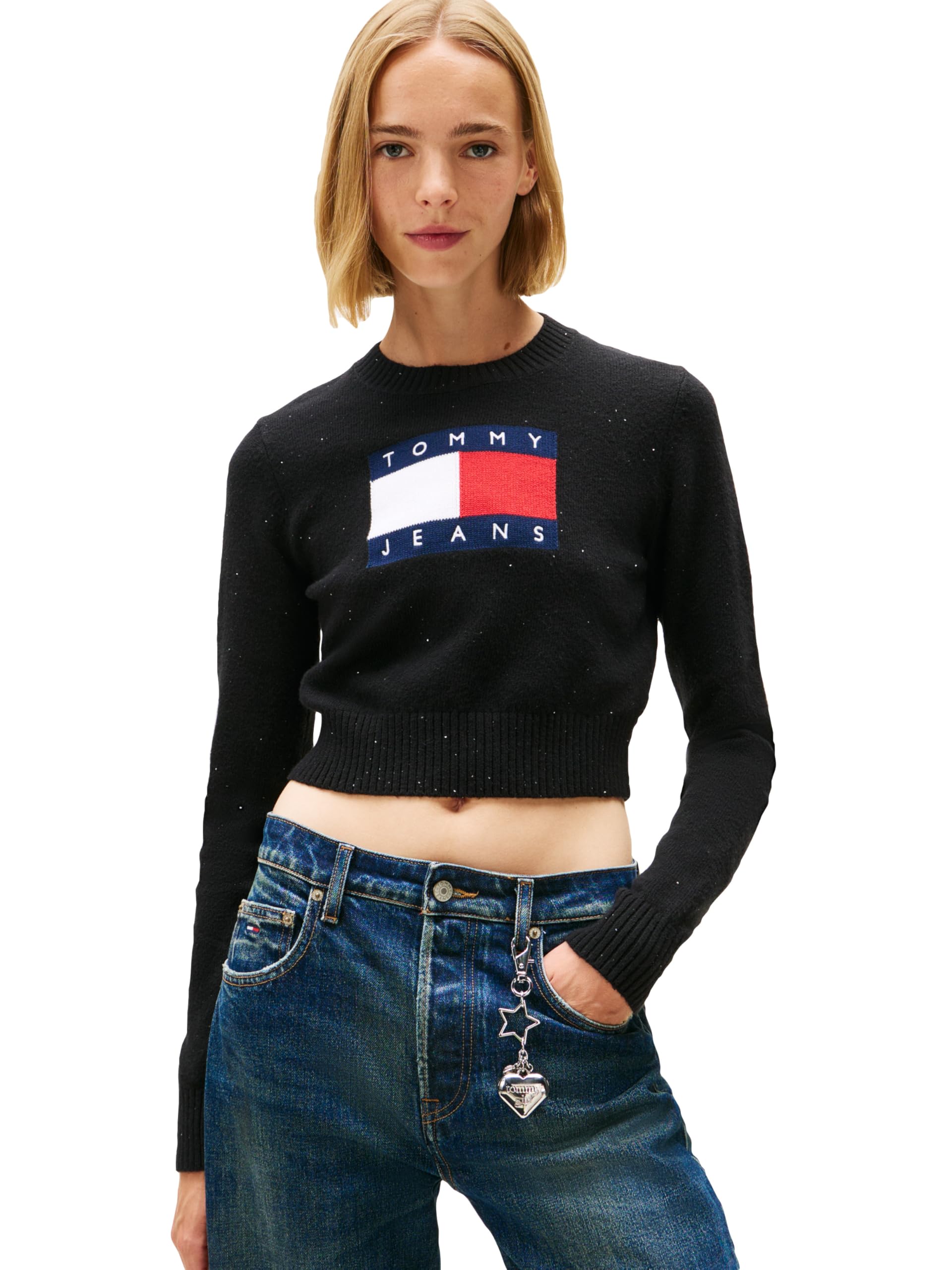 Tommy Jeans Womens Sparkle Flag Sweater, Black X-Small