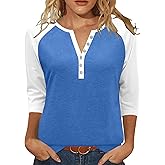 Heymiss Womens Summer Tops 3/4 Length Sleeve V Neck Casual Color Block Tunic Tops Dressy