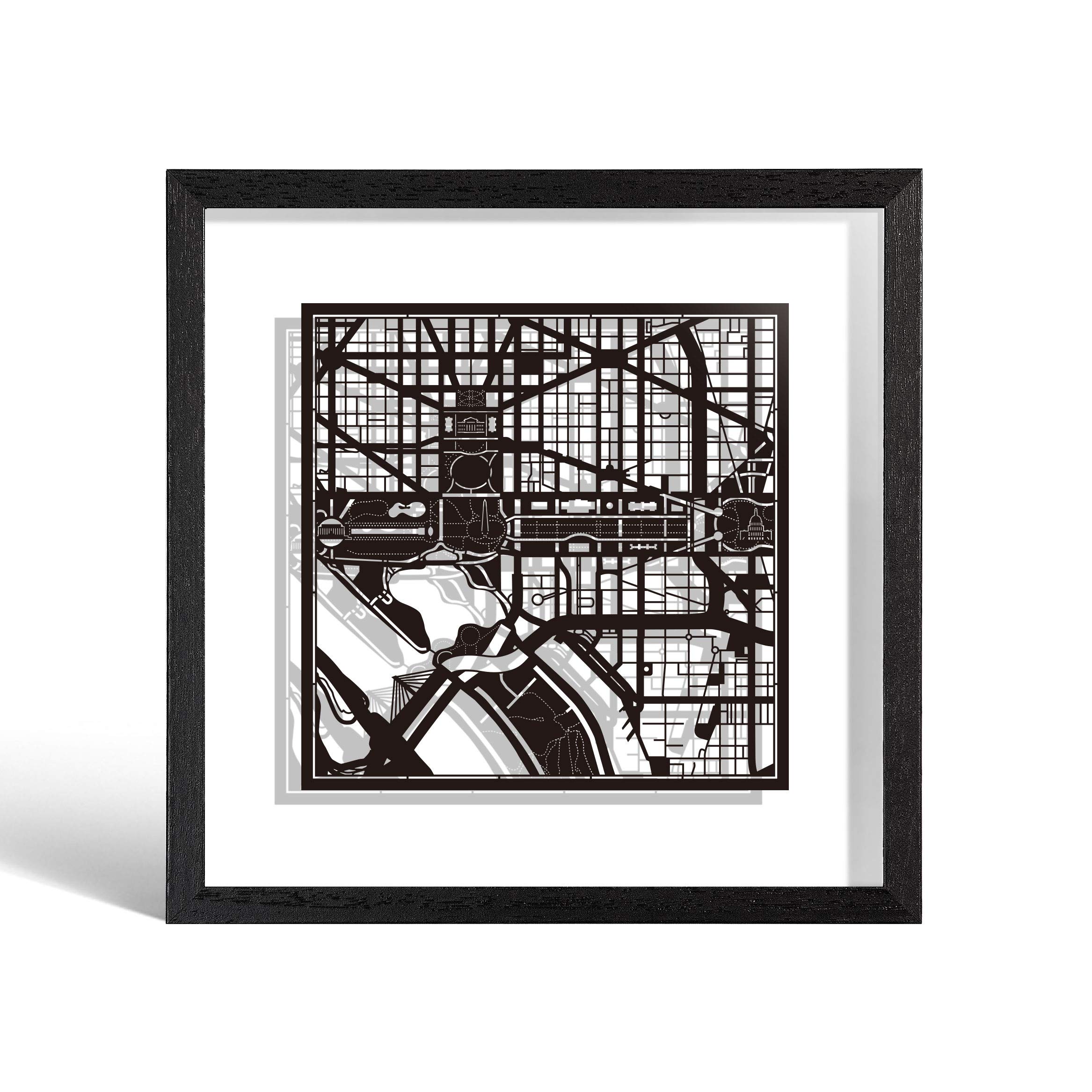 O3 DESIGN STUDIO Washington D.C. Paper Cut Map framed, Black map, Black frame, 9x9 inches, Gift Boxed, 2 background color, self-changing, Paper Art