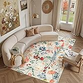 PureCozy Beige Area Rug 6x9 Floral Washable Living Room Kitchen Boho Carpet Non Slip Low Pile Indoor Accent Lightweight Soft Throw Rug for Bedroom Office Dining Room Nursery Farmhouse