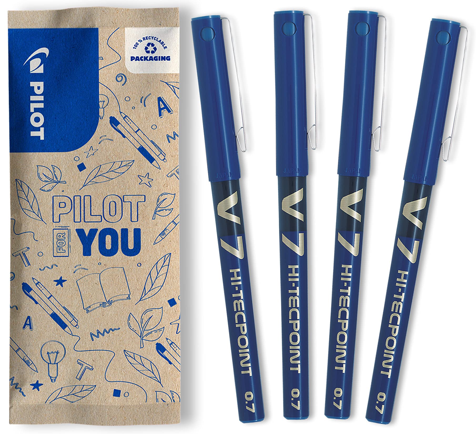 Pilot V7 Liquid Ink Rollerball 0.7mm Tip - Blue, Pack of 4