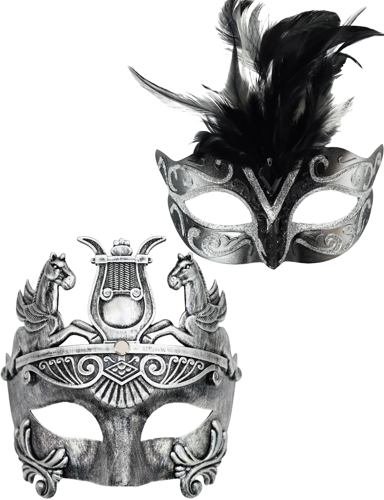 Ubauta Silver Feather Women Mask & Greek Warrior Men Mask Venetian Masquerade Couple Masks, For Mardi Gras/Party/Ball Prom
