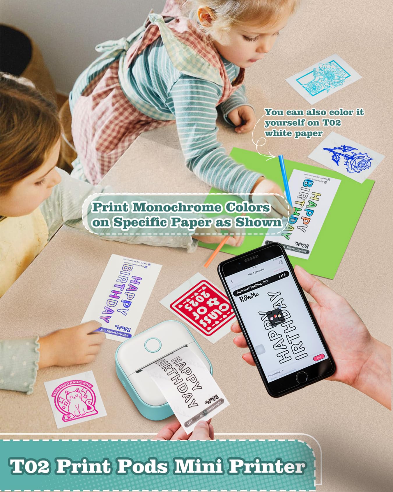 Memoking Sticker Printer - T02 Mini Printer Print Pods Portable Thermal Inkless Sticker Maker Machine Bluetooth Pocket Impresora Portátil Instant Print for Notes, Anatomical Diagrams, Journal,DIY,Gift