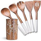 6-Piece Wooden Cooking Utensil Set – Handmade Acacia Wood Spoons for Cooking, Non-Stick & Heat Resistant, Smooth Finish, Durable Kitchen Tools with Elegant White Handles by INANOSA